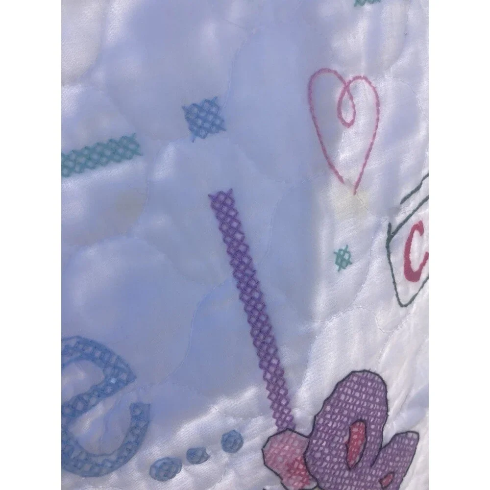 Vintage Cross Stitch Baby Crib Blanket Quilt Cute or What? Handmade 32